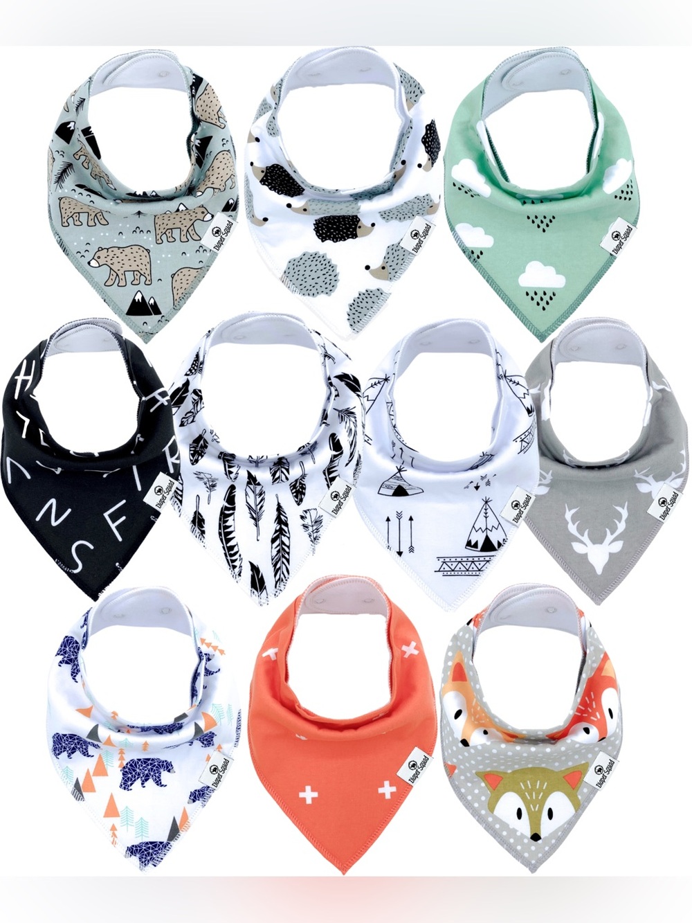 Diaper Squad 10 pack Woodlan Organic Cotton & Fleece Baby Bandana Drool Bibs Set